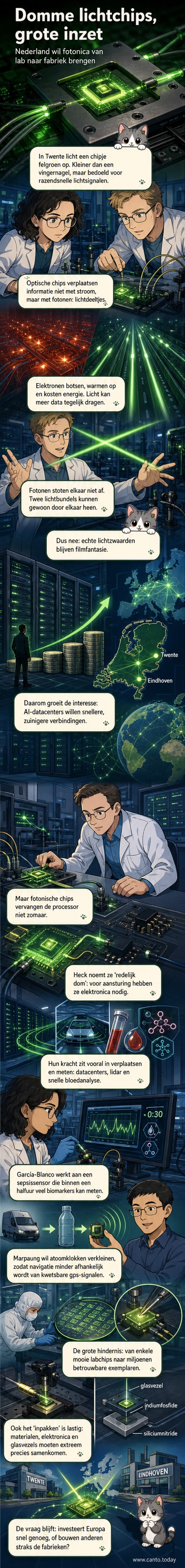 Een groen oplichtend rechthoekig structuurtje op een chip, weergegeven onder een microscoop, met daaromheen glasvezelkabeltjes.