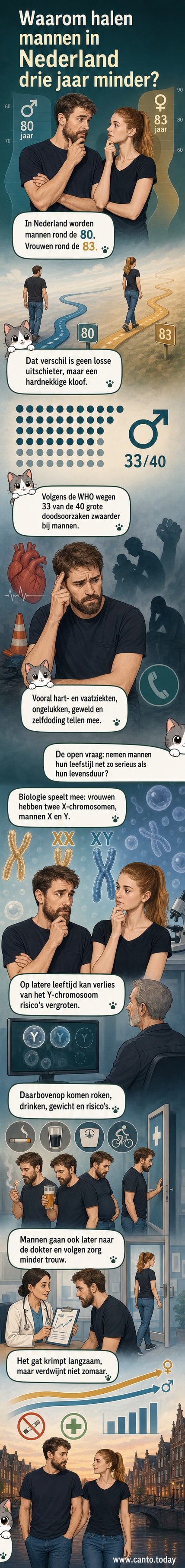 Een illustratie die het levensverwachtingsverschil tussen mannen en vrouwen in Nederland toont, met biologische en gedragsfactoren die het verklaarden.
