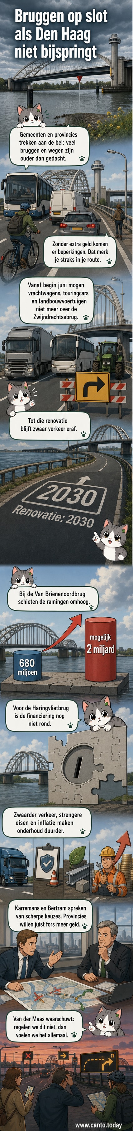 Een verouderde brug in Nederland met waarschuwingsborden en beperkt verkeer, symbolisch voor de oplopende infrastructuurproblemen.