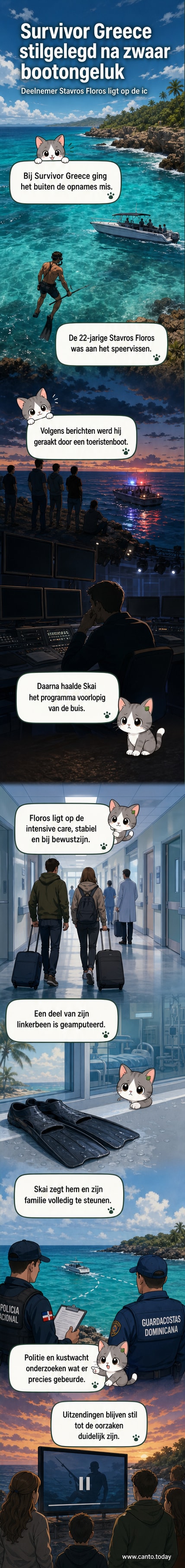 Illustratie van een reality-tv-deelnemer op een tropisch eiland, met medische hulp onderweg na een botenongeval tijdens speervissen.