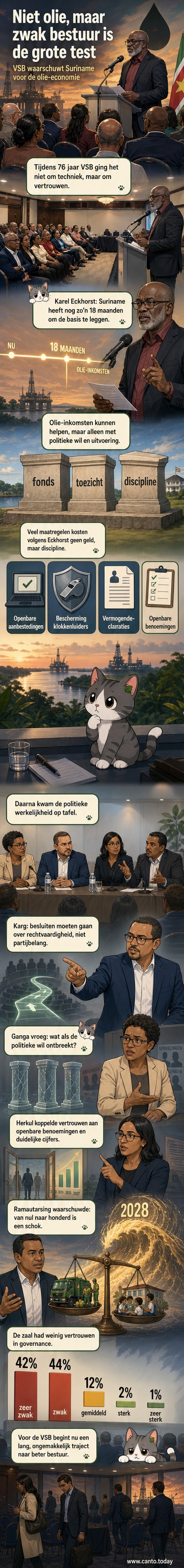 Illustratie van een olieplatform in de Caribische zee met een gebroken stuurwiel ernaast, symbolisch voor kwetsbaar bestuur in Suriname's opkomende olie-economie.