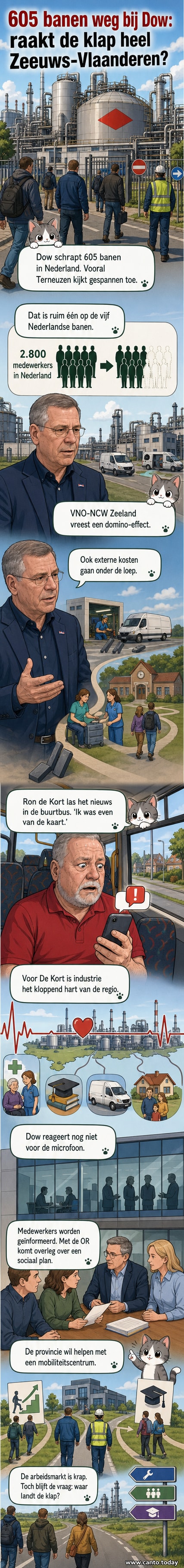 Illustratie van een fabriek in Terneuzen met vallende dominostenen die bedrijven en huizen in de omgeving raken, symboliserend het mogelijke keteneffect van de ontslagen bij Dow.