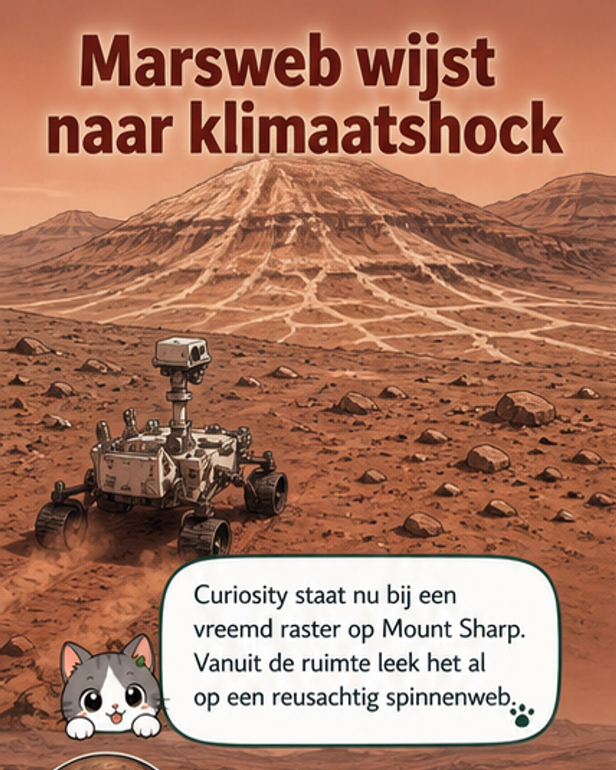 Een panoramisch zicht op het Marsoppervlak met zichtbare, netvormige richels die lijken op een spinnenweb, gefotografeerd door de Curiosity-rover bij Mount Sharp.