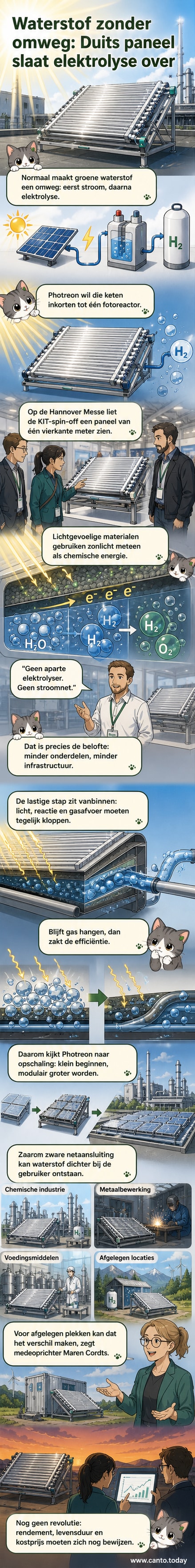 Een fotoreactorpaneel van één vierkante meter groot, ontwikkeld door Photreon en KIT, dat zonlicht en water rechtstreeks omzet in waterstof en zuurstof.