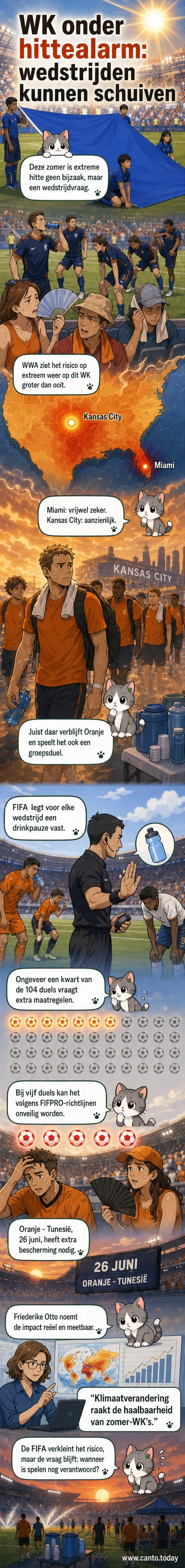 Illustratie van voetballers onder een gloeiende zon in een stadion, met temperaturen die het veiligheidsniveau overschrijden tijdens het WK.
