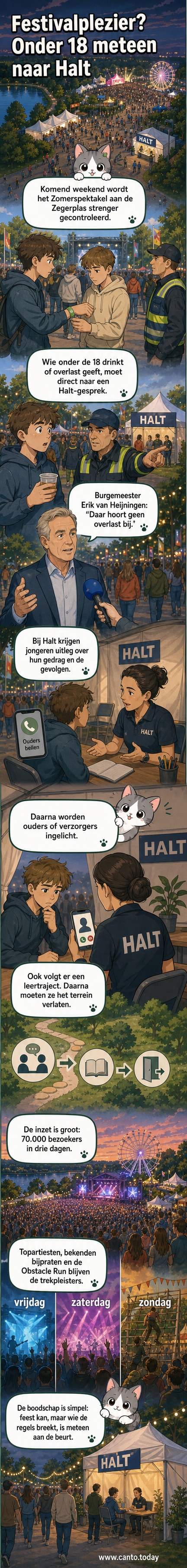 Illustratie van een druk muziekfestival met jongeren, een Halt-lid praat met een jongere bij een loket terwijl artiesten optreden op de achtergrond.