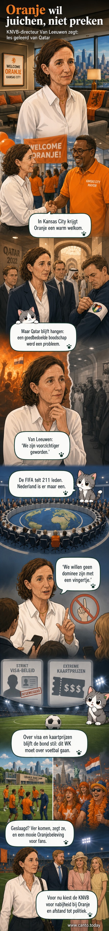KNVB-directeur Marianne van Leeuwen kijkt serieus in de camera, achter haar een groot oranje shirt met de tekst 'Oranje'.