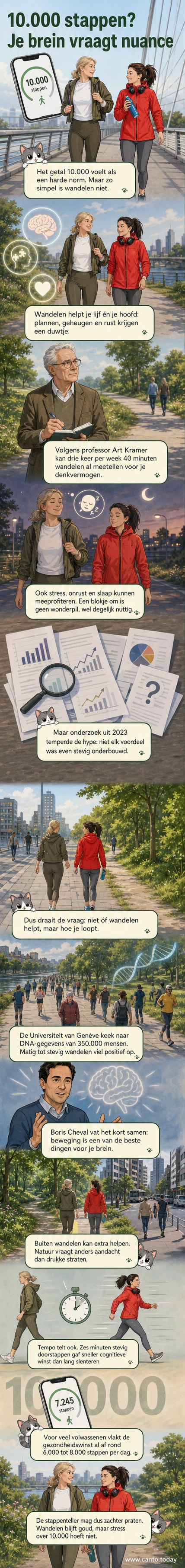 Een persoon wandelt door een bosrijk landschap terwijl een digitale stappenteller op ongeveer 7.500 stappen staat. Achtergrond toont subtiele hersenactivatie-visualisaties.