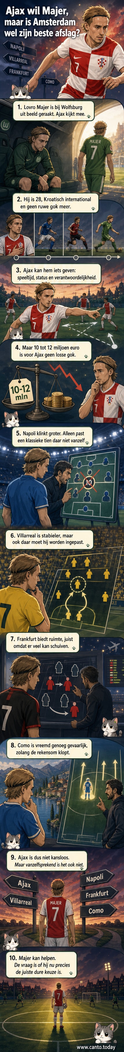Lovro Majer in actie tijdens een duel met Nico Williams, omgeven door symbolen van Ajax, Napoli, Villarreal, Frankfurt en Como.