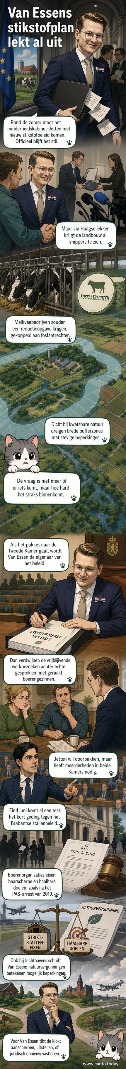 Minister Van Essen op een boerenbedrijf, terwijl op de achtergrond documenten met stikstofmaatregelen wegvloeien naar de pers.