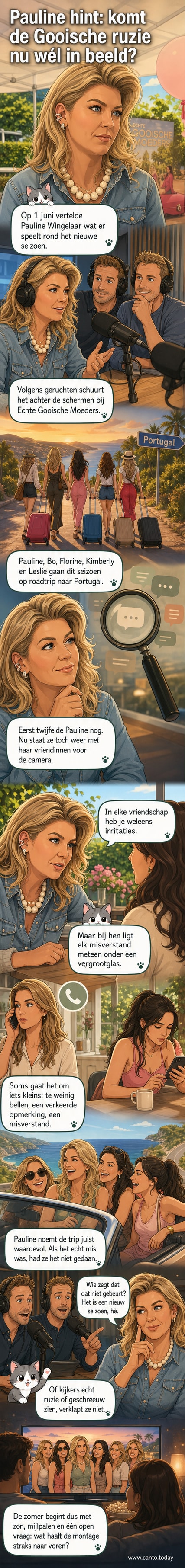 Pauline Wingelaar lacht tijdens een groepsfoto met de andere moeders van Echte Gooische Moeders, opgenomen tijdens hun roadtrip naar Portugal.