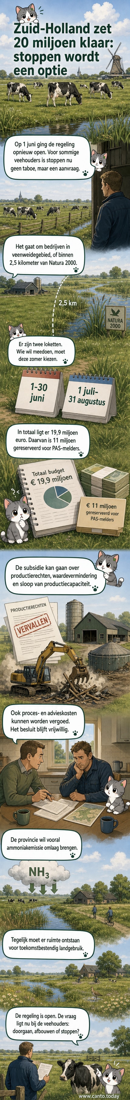 Een Nederlandse boerderij in een weidegebied met een bord dat 'subsidie voor stoppen met veehouderij' aangeeft, met een zak geld en een groene horizon in de verte.