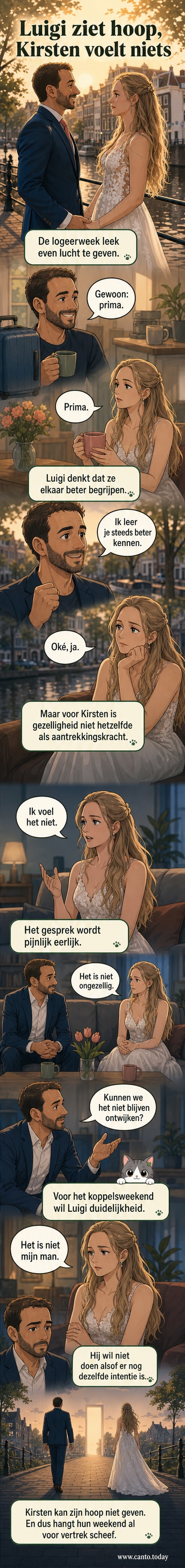 Illustratie van Luigi en Kirsten tijdens een gesprek in 'Married At First Sight', met gespannen blikken en een stilte die alles zegt.