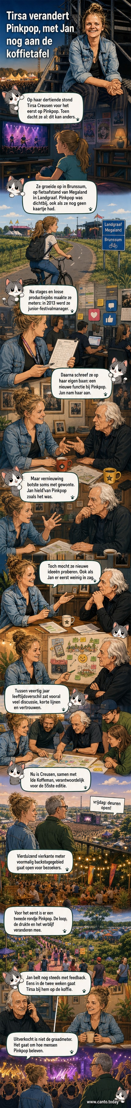 Tirsa Creusen, jonge vrouw met glimlach, staat op het Pinkpop-festivalterrein met blik op het publiek, achter haar een podium met muziekacts.