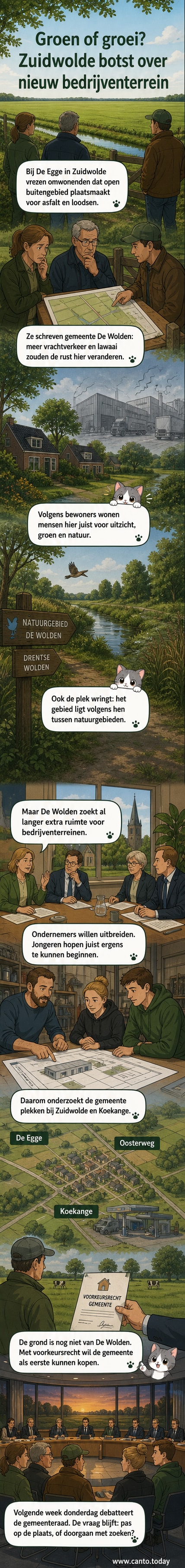 Een groen buitengebied bij Zuidwolde met weilanden en bomen, omgeven door lage bebouwing, met een weg in de voorgrond.