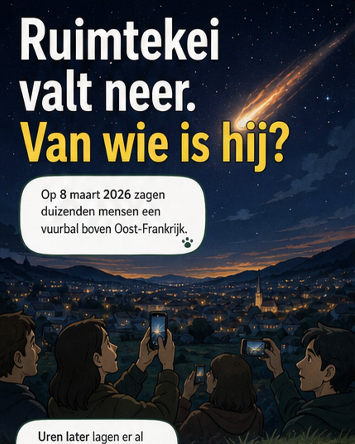 Illustratie van een meteoriet die door de lucht valt boven een Franse weide, met een verwonderde vinder op de voorgrond en een rechter en wetenschapper in discussie op de achtergrond.