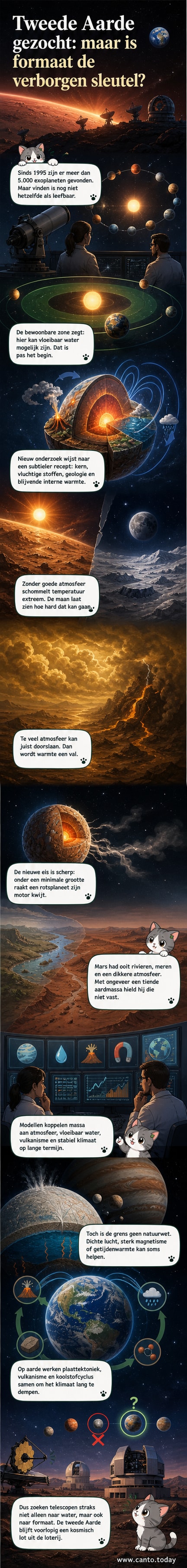 Illustratie van de aarde in vergelijking met Mars en exoplaneten, met daaromheen een stersysteem en een telescoop die de ruimte afspeurt.