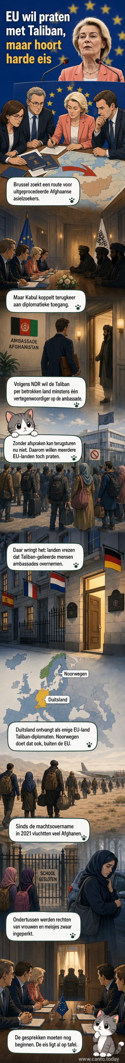 Illustratie van een onderhandelingstafel met aan de ene kant EU-vlaggen en aan de andere kant de vlag van de Taliban, met een dossier 'terugkeer asielzoekers' in het midden.