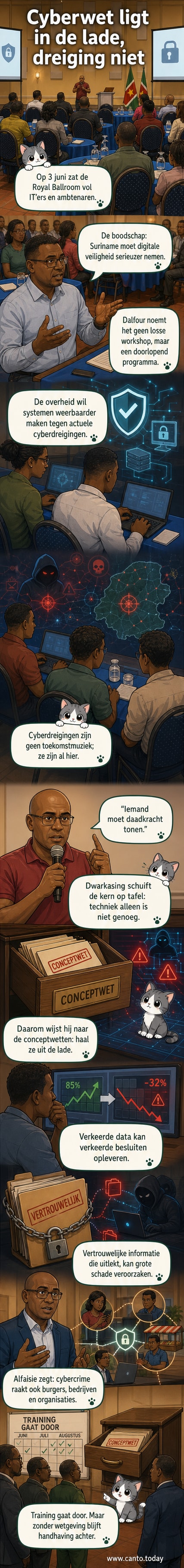 Illustratie van een IT-medewerker in een kantoor die een waarschuwingsscherm ziet op een beeldscherm, met een dossier met 'cyberwetgeving' op de grond ernaast.
