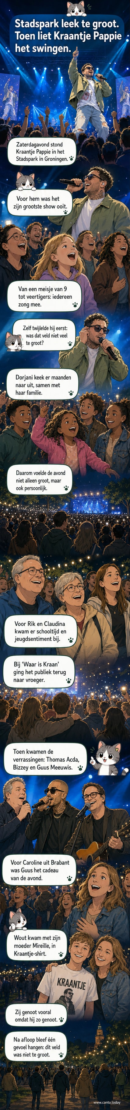 Kraantje Pappie op groot podium in het Stadspark van Groningen, omgeven door een feestende menigte onder een donkere avondlucht.