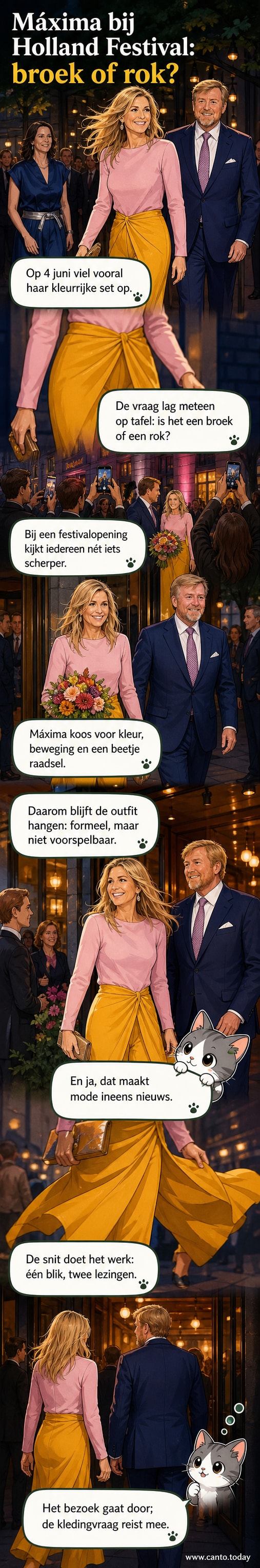 Koningin Máxima in een kleurrijke, asymmetrische outfit tijdens het Holland Festival 2026, met een mengeling van broek en rok in felle tinten.