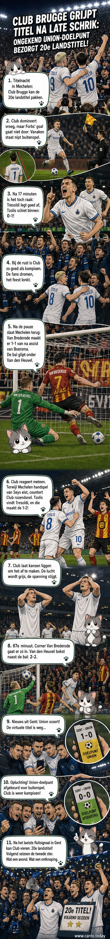 Spelers van Club Brugge vieren de landstitel op het veld van KV Mechelen, met fans en telefoons in handen terwijl ze het resultaat uit Gent volgen.