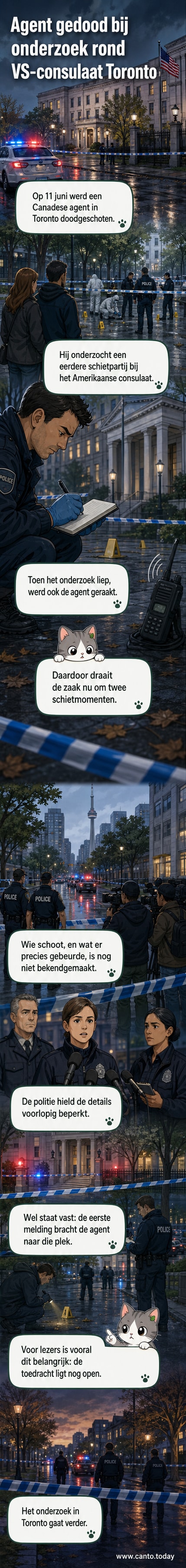 Illustratie van een politieagent in Toronto bij het Amerikaanse consulaat, met een beveiligingsafzetting en onderzoeksteam in de achtergrond.