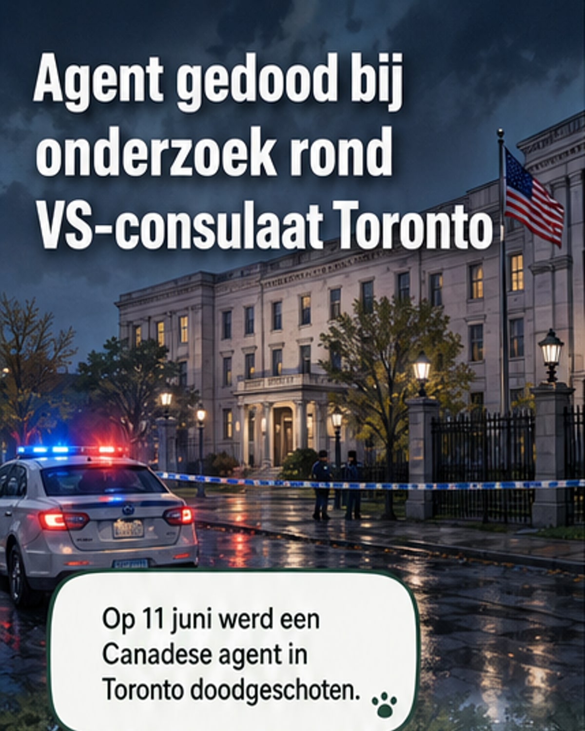 Illustratie van een politieagent in Toronto bij het Amerikaanse consulaat, met een beveiligingsafzetting en onderzoeksteam in de achtergrond.