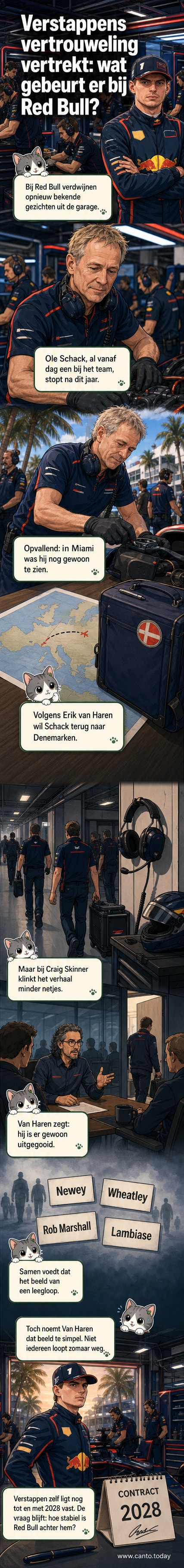 Illustratie van Ole Schack in de Red Bull garage, met Max Verstappen in de achtergrond en pitstop-activiteit