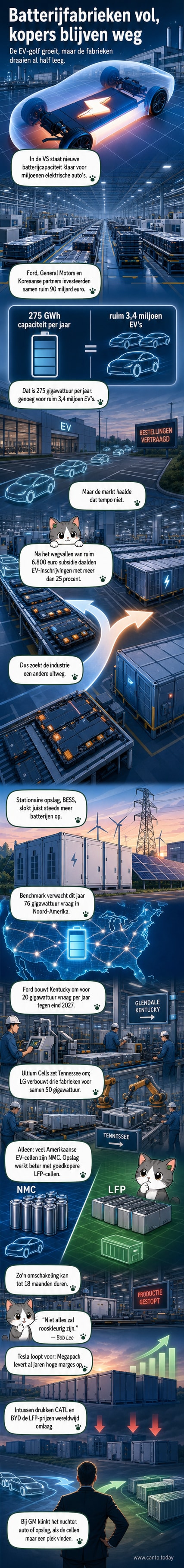 Een moderne fabriekshal met robotarmen die batterijen assembleren, met een elektrische auto en een groot opslagsysteem ernaast om de twee toepassingen te illustreren.