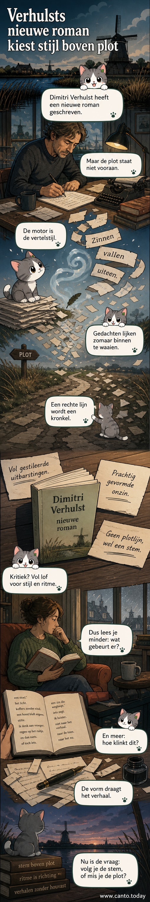Illustratie van een schrijvende auteur met zwevende, gebroken zinnen rondom, symboliserend voor een roman die experimenteert met vertelvorm.