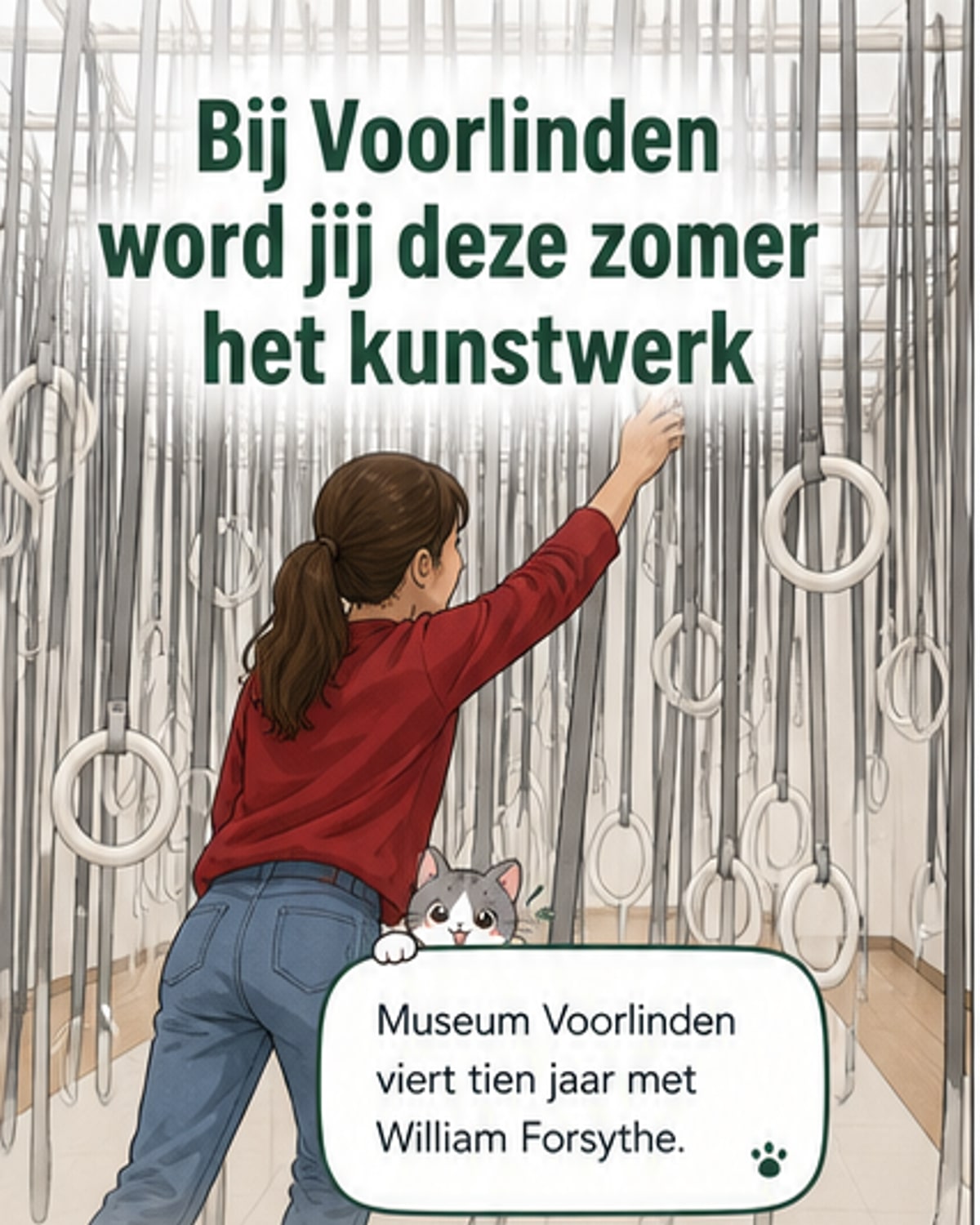 Bezoekers experimenteren met lichaamsbeweging in een lichte, ruime galerij van Museum Voorlinden tijdens de interactieve tentoonstelling van William Forsythe.