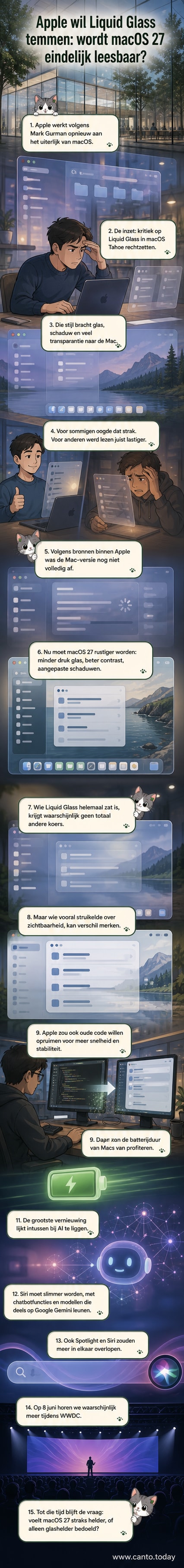Illustratie van een Mac-scherm met verbeterde glaseffecten en betere leesbaarheid in de nieuwe macOS 27.