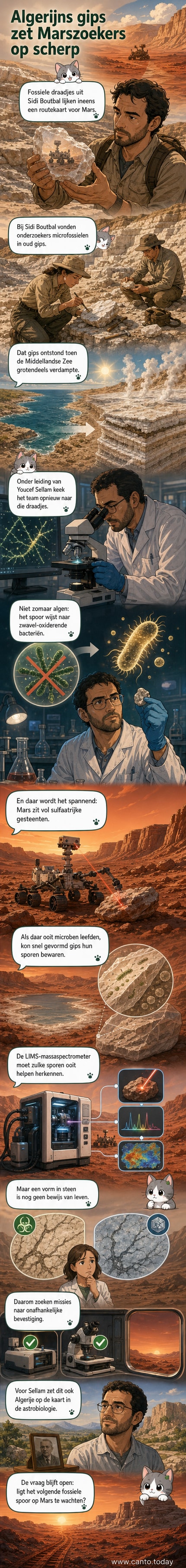 Illustratie van een woestijnlandschap in Algerije naast een Marsrover die gipslagen onderzoekt, met vergelijkende fossiele structuren in het gesteente.