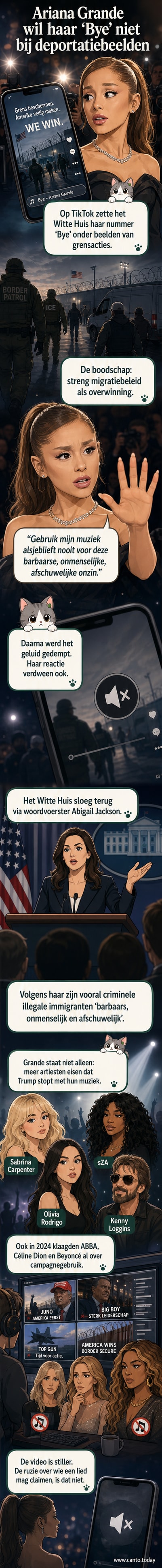 Ariana Grande op de rode loper, met daarboven een berichtscherm waarin ze protesteert tegen het gebruik van haar muziek door het Witte Huis in een deportatievideo.
