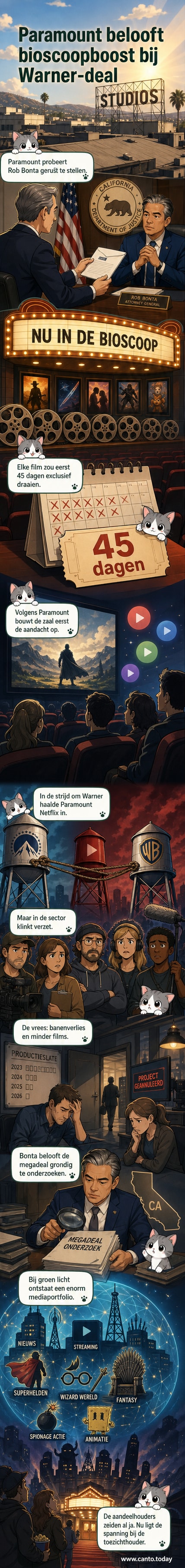 Een illustratie van twee filmstudio-logo’s, Paramount en Warner Bros., die samenkomen tot één scherm met bioscoopprojectie, terwijl achtergrondpersonages zorgen tonen.
