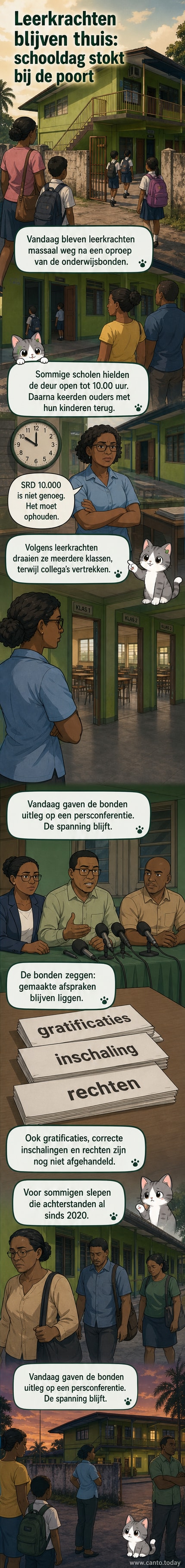 Illustratie van een lege klaslokaal in Suriname met een bord waarop 'Leerkrachten verdienen meer' staat geschreven.