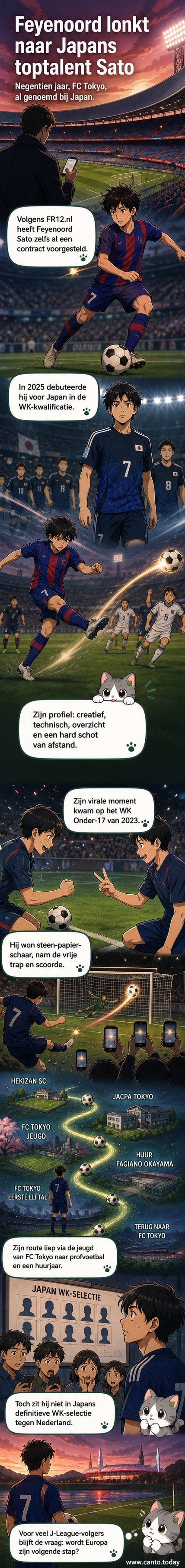 Illustratie van een jonge Japanse voetballer in het shirt van FC Tokyo, balancerend op een bal, met het Feyenoord-logo op de achtergrond.