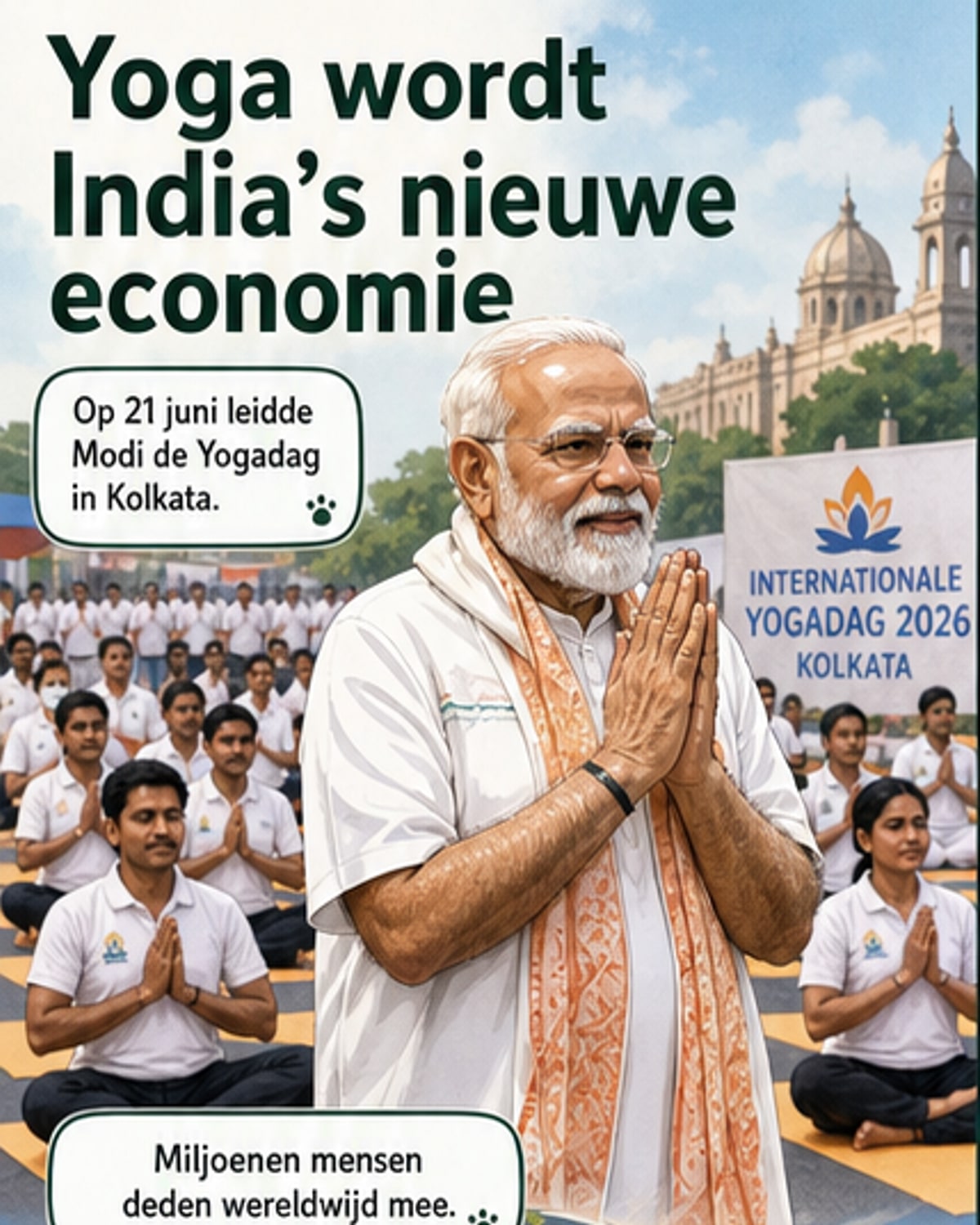 Mensen doen yoga in een park in India terwijl de zon opkomt, met een stad op de achtergrond.