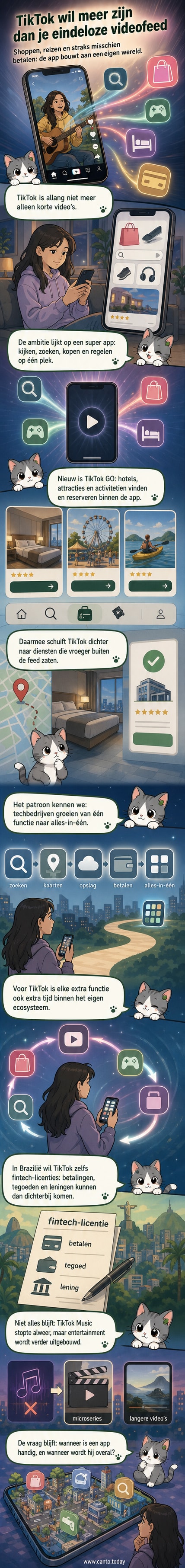Illustratie van een smartphone met de TikTok-app, waarin naast video’s ook pictogrammen voor winkelen, reizen en betalen zichtbaar zijn.