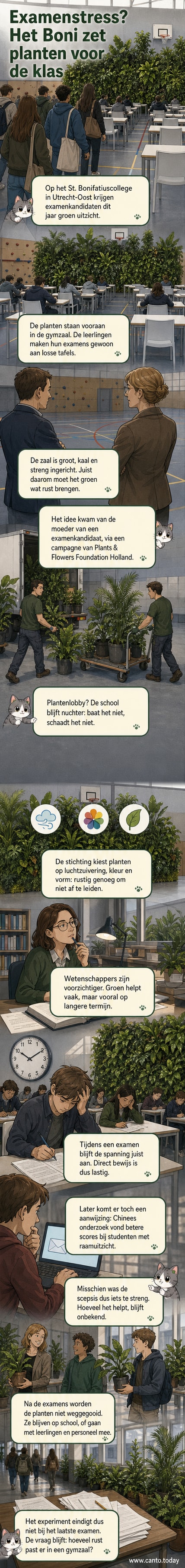 Een lichte gymzaal met rijen tafels en stoelen, waar vooraan diverse groene planten in potten zijn geplaatst. Achterin staan leerlingen met boeken, terwijl een docent iets uitlegt.