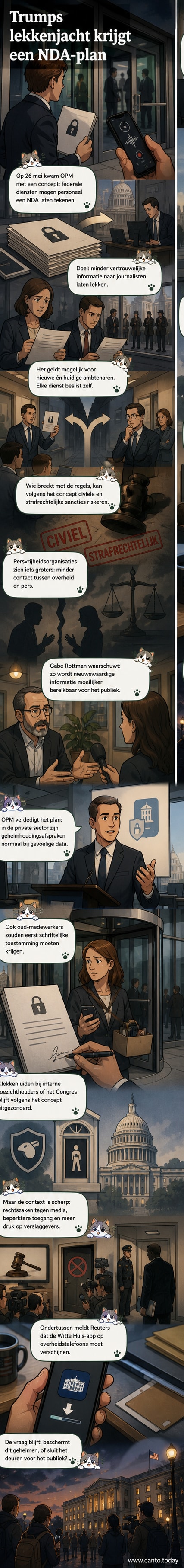 Illustratie van een federale ambtenaar die een geheimhoudingsovereenkomst ondertekent terwijl journalisten en rechters in de achtergrond toekijken.