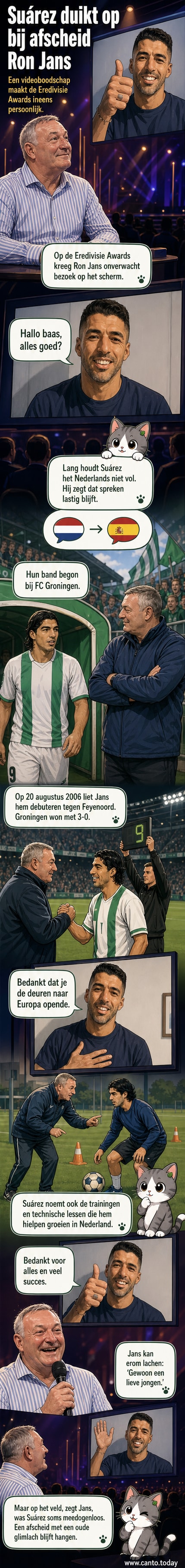 Schermafbeelding van een videoboodschap van Luis Suárez gericht aan Ron Jans tijdens de Eredivisie Awards, met ondertiteling in het Nederlands.