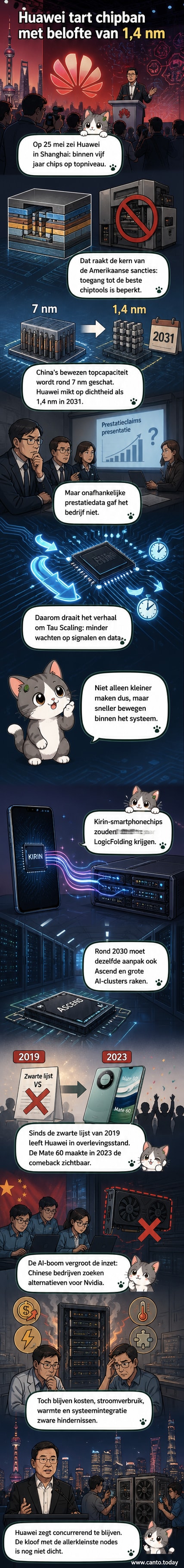 Illustratie van een moderne chipfabriek in China met Huawei-logo, waar technici een nieuw ontworpen chip bekijken met nanometer-schaal details en datastromen die snel door verbindingen bewegen.