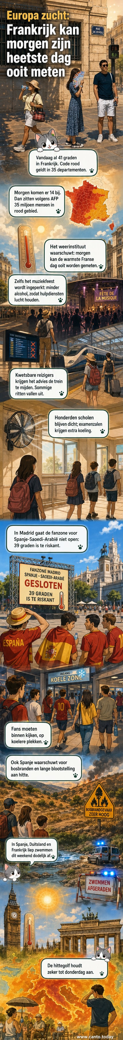 Kaart van Europa met rode zones in Frankrijk en Spanje, thermometers tonen temperaturen boven de 40 graden, mensen zoeken koelte in de schaduw.