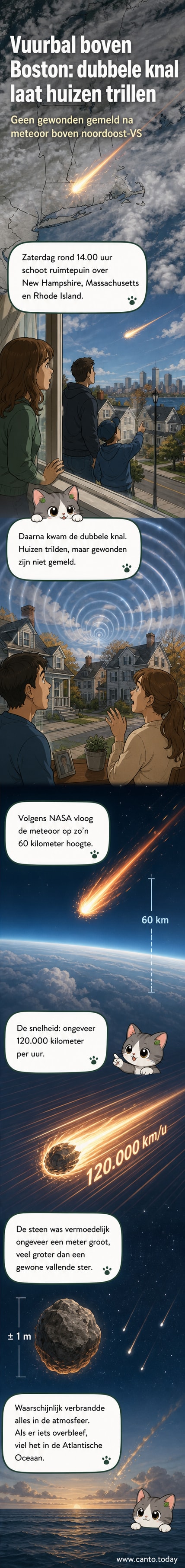 Illustratie van een vuurbal die door de blauwe middaglucht trekt boven een stedelijke omgeving, met trillende ramen in huizen op de grond.