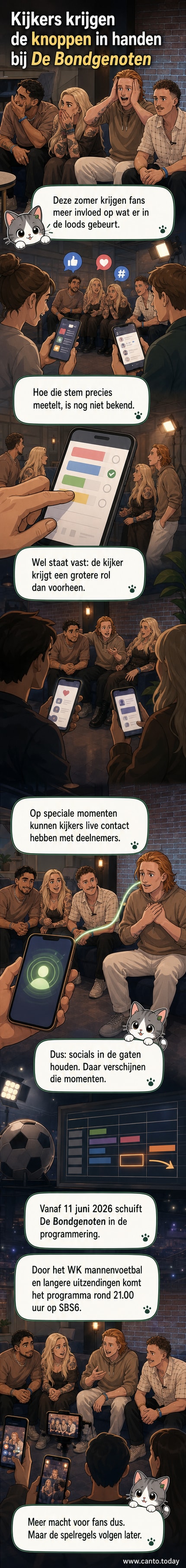 Illustratie van een televisiebalk met daarop de tekst 'De Bondgenoten', met een publiek dat via smartphones stemt en een deelnemer in de loods ziet via een livestream.
