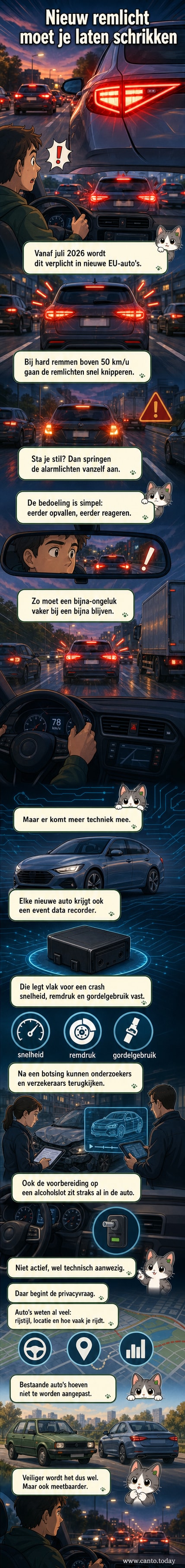 Een moderne auto van achteren, met fel knipperende remlichten op een donkere snelweg, terwijl de auto’s erachter scherp remmen.