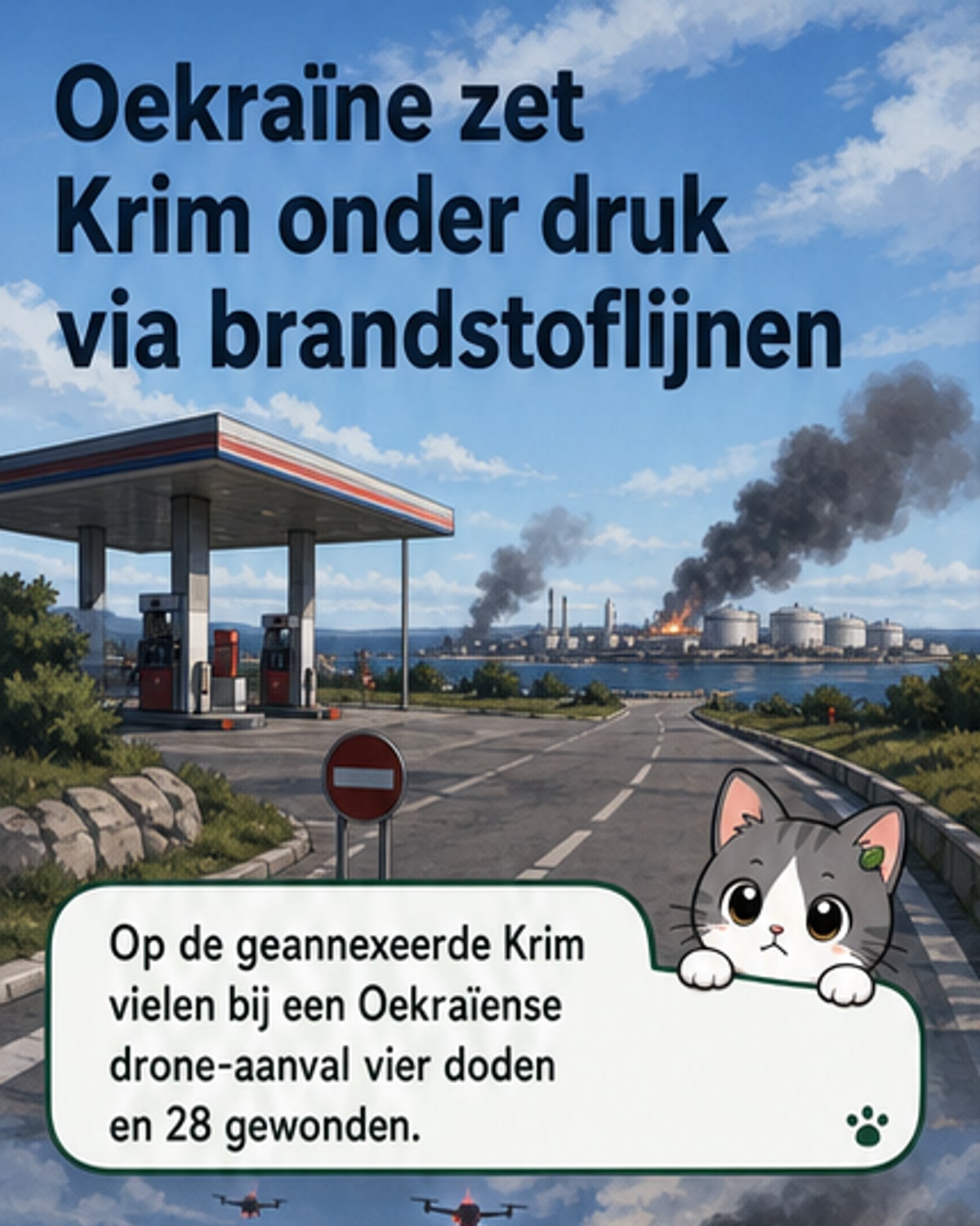 Illustratie van een drone boven de Krim met een brandende olieterminal en rookpluim in de haven van Kertsj, met de Krimbrug op de achtergrond.