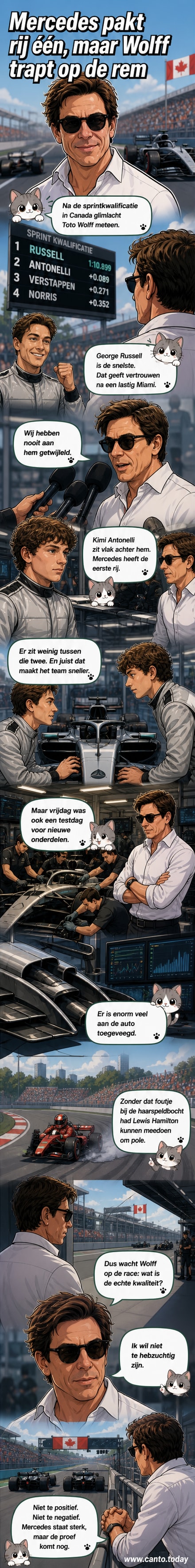 Toto Wolff kijkt serieus naar de baan tijdens de sprintkwalificatie in Canada, met de Mercedes-bolides op de eerste rij.